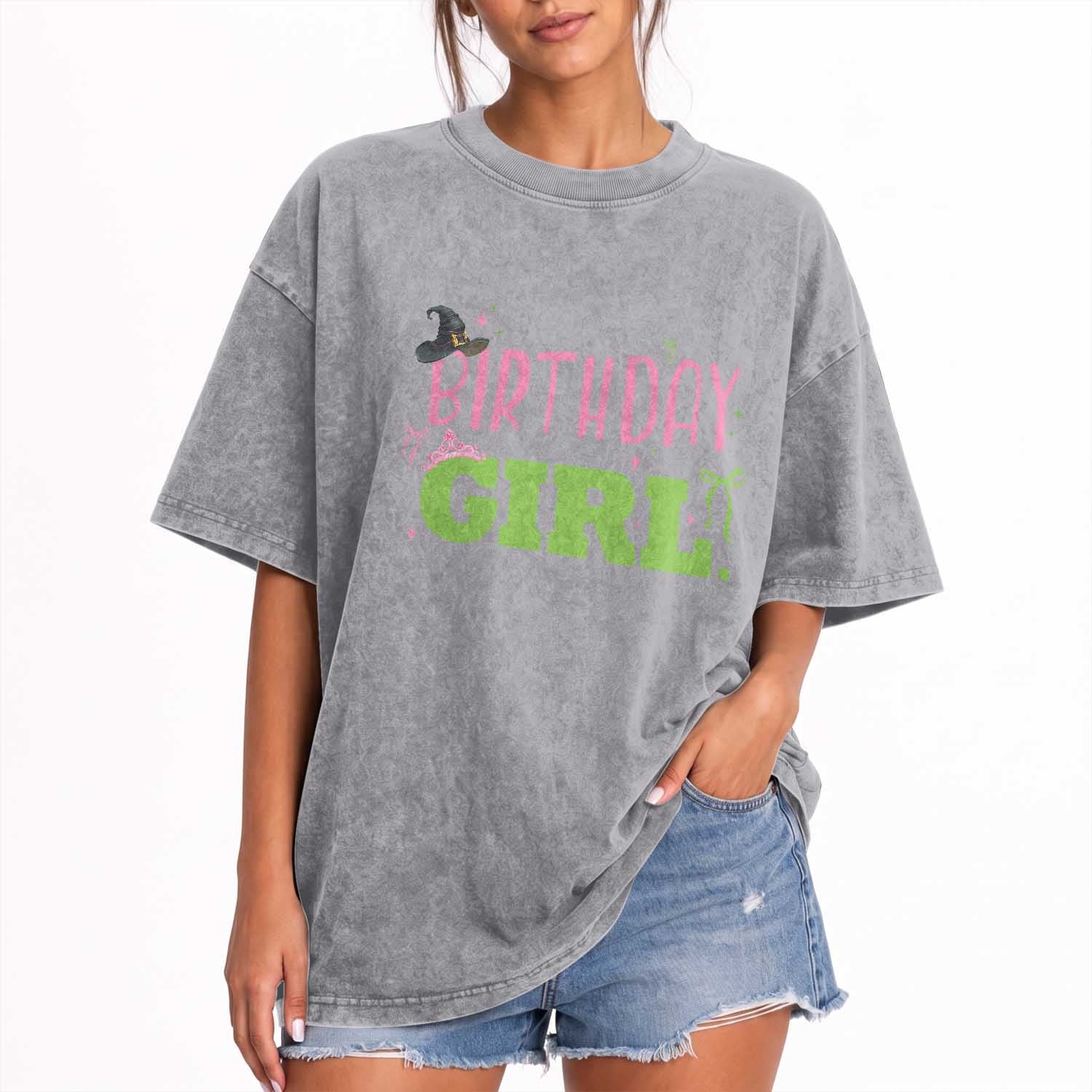 Birthday Girl Washed Cotton T-Shirt Witch Pink Green Toddler Baby 1st 2nd 3rd 4th 5th 6th 7th