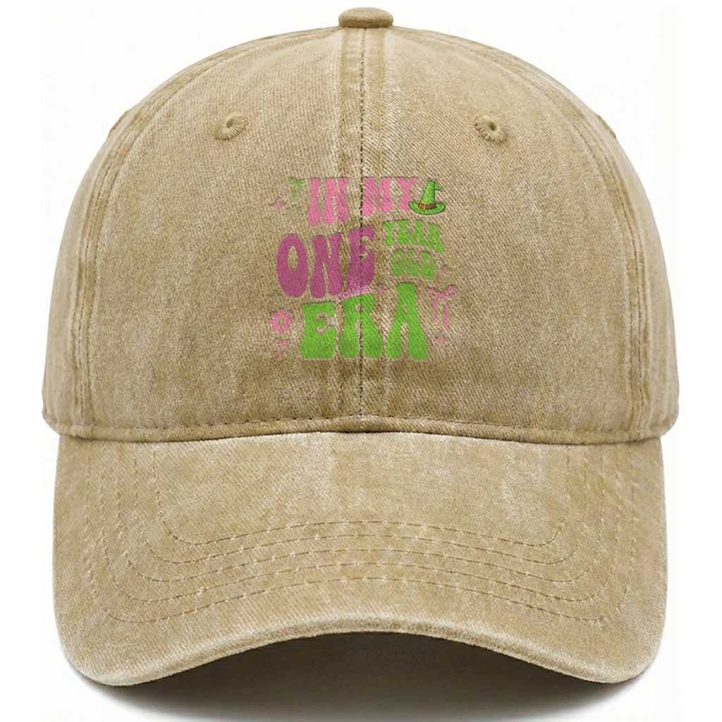 Baby Girl First Birthday Washed Cotton Baseball Cap In My One Year Old Era Witch Pink Green TS10 Print Your Wear