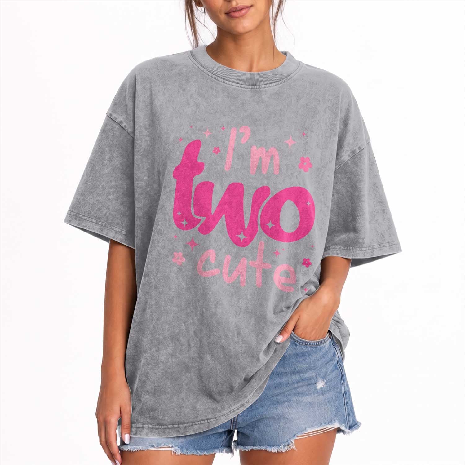 Two Birthday Girl Washed Cotton T-Shirt Pink 2nd Bday Im Two Cute