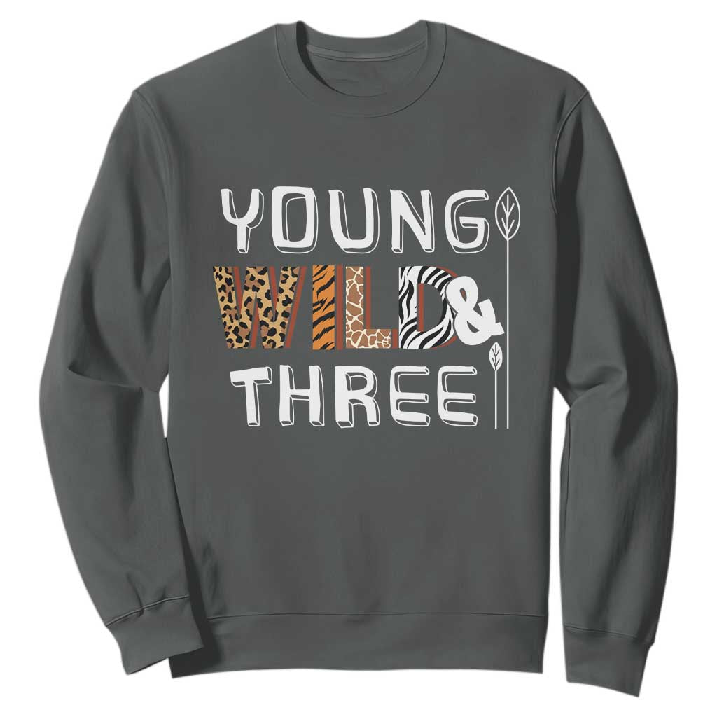 3rd Birthday Sweatshirt Young Wild And Three Safari Zoo Party TS10 Dark Heather Print Your Wear