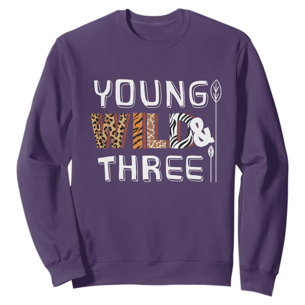 3rd Birthday Sweatshirt Young Wild And Three Safari Zoo Party TS10 Purple Print Your Wear