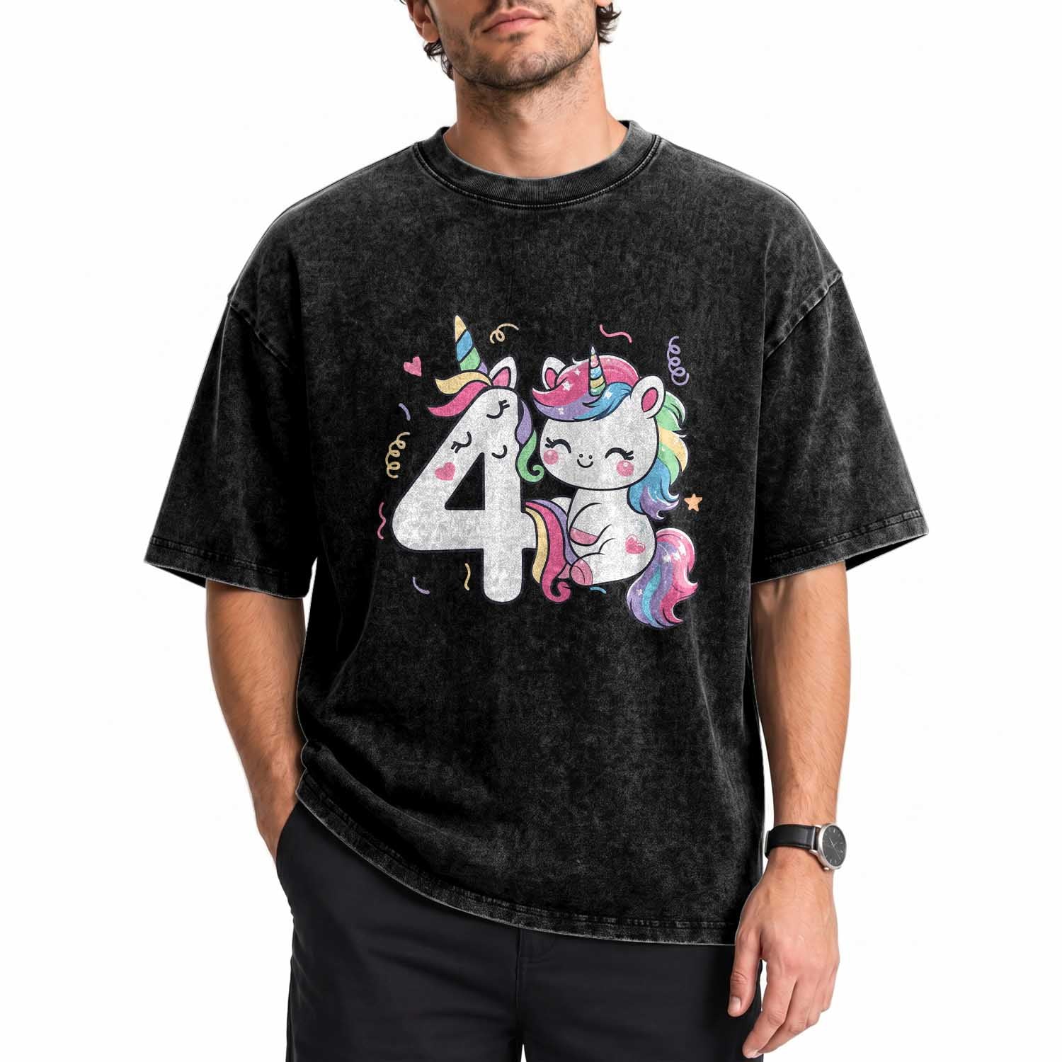 Unicorn 4th Birthday Washed Cotton T-Shirt 4 Years Old Birthday Outfit