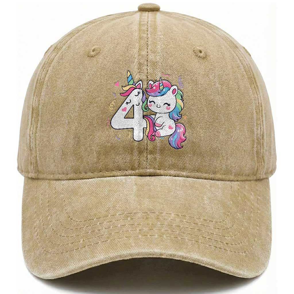 Unicorn 4th Birthday Washed Cotton Baseball Cap 4 Years Old Birthday Outfit TS10 Print Your Wear