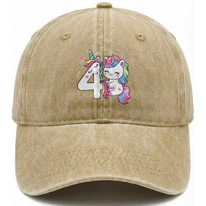 Unicorn 4th Birthday Washed Cotton Baseball Cap 4 Years Old Birthday Outfit TS10 Print Your Wear