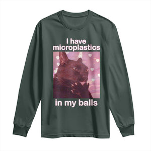 Funny Cat Meme Long Sleeve Shirt I Have Microplastics In My Balls Dank Meme TS10 Dark Forest Green Print Your Wear