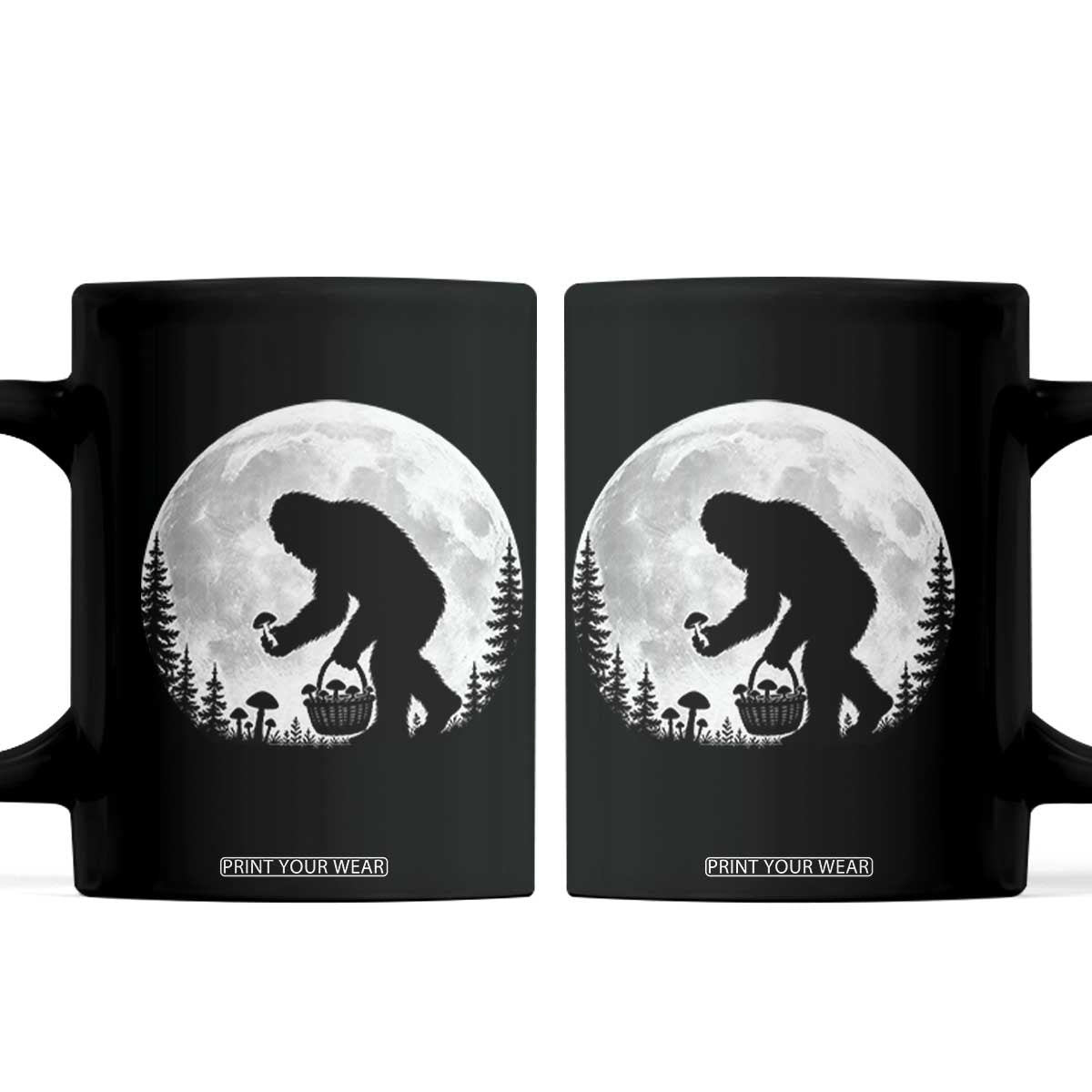 Bigfoot Mushroom Hunter Coffee Mug Vintage Sasquatch Art Mystical Nature Lover Retro Full Moon TS10 Black Print Your Wear