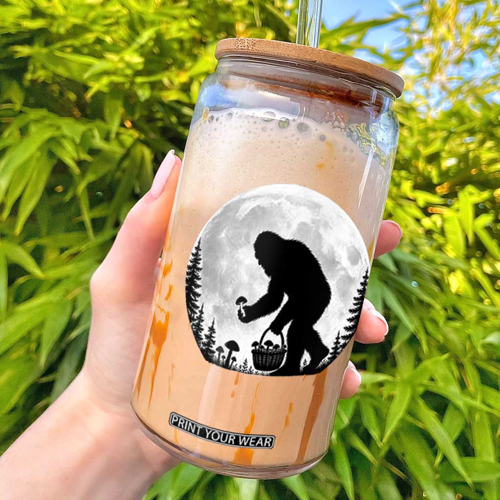 Bigfoot Mushroom Hunter Glass Can Vintage Sasquatch Art Mystical Nature Lover Retro Full Moon TS10 Black Print Your Wear