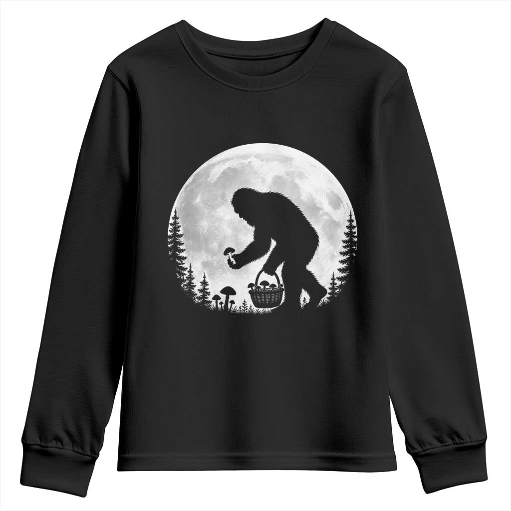 Bigfoot Mushroom Hunter Youth Sweatshirt Vintage Sasquatch Art Mystical Nature Lover Retro Full Moon TS10 Black Print Your Wear