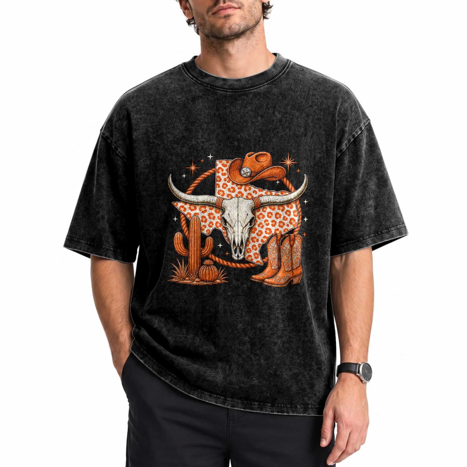 Retro Texas TX Vintage Orange Style 80s 90s Washed Cotton T-Shirt Vintage 80s 90s Western Cowgirl Boots Longhorn Skull Leopard Graphic