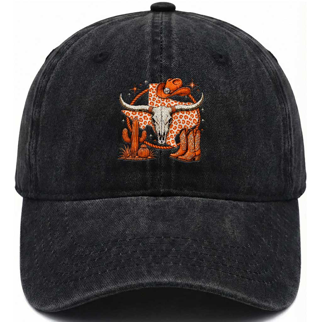 Retro Texas TX Vintage Orange Style 80s 90s Washed Cotton Baseball Cap Vintage 80s 90s Western Cowgirl Boots Longhorn Skull Leopard Graphic