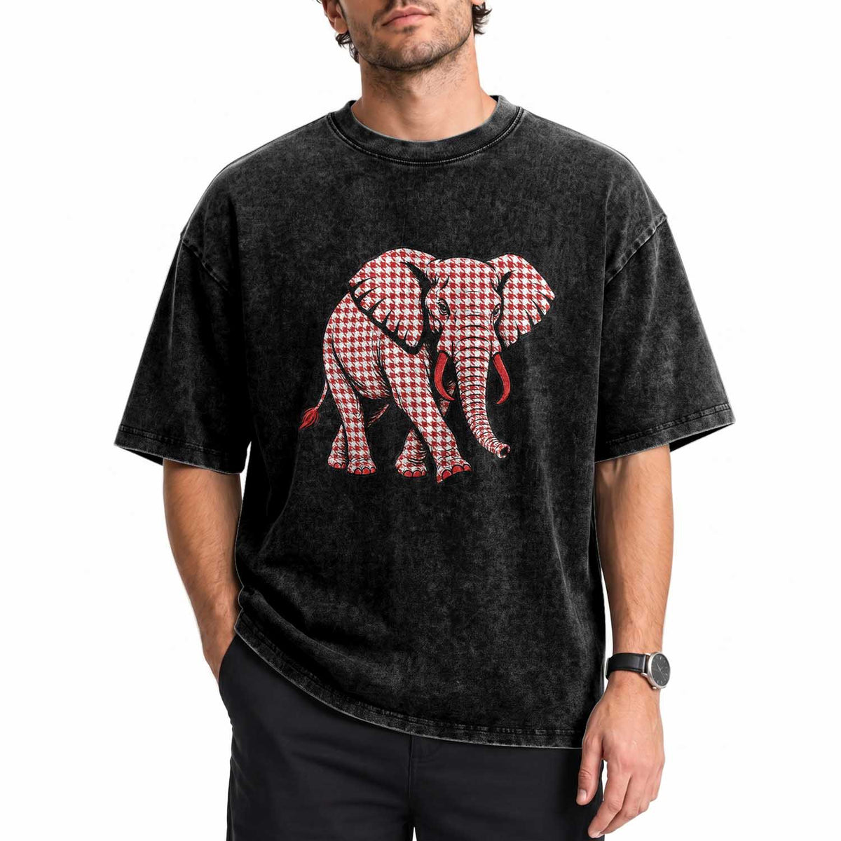 Elephant Washed Cotton T-Shirt Crimson Patterned Safari Graphic