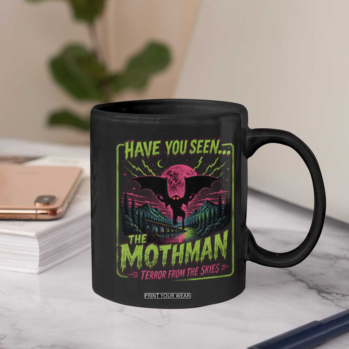 Have You Seen The Mothman Coffee Mug Retro Vintage 80s 90s Horror Cryptid Neon Graphic