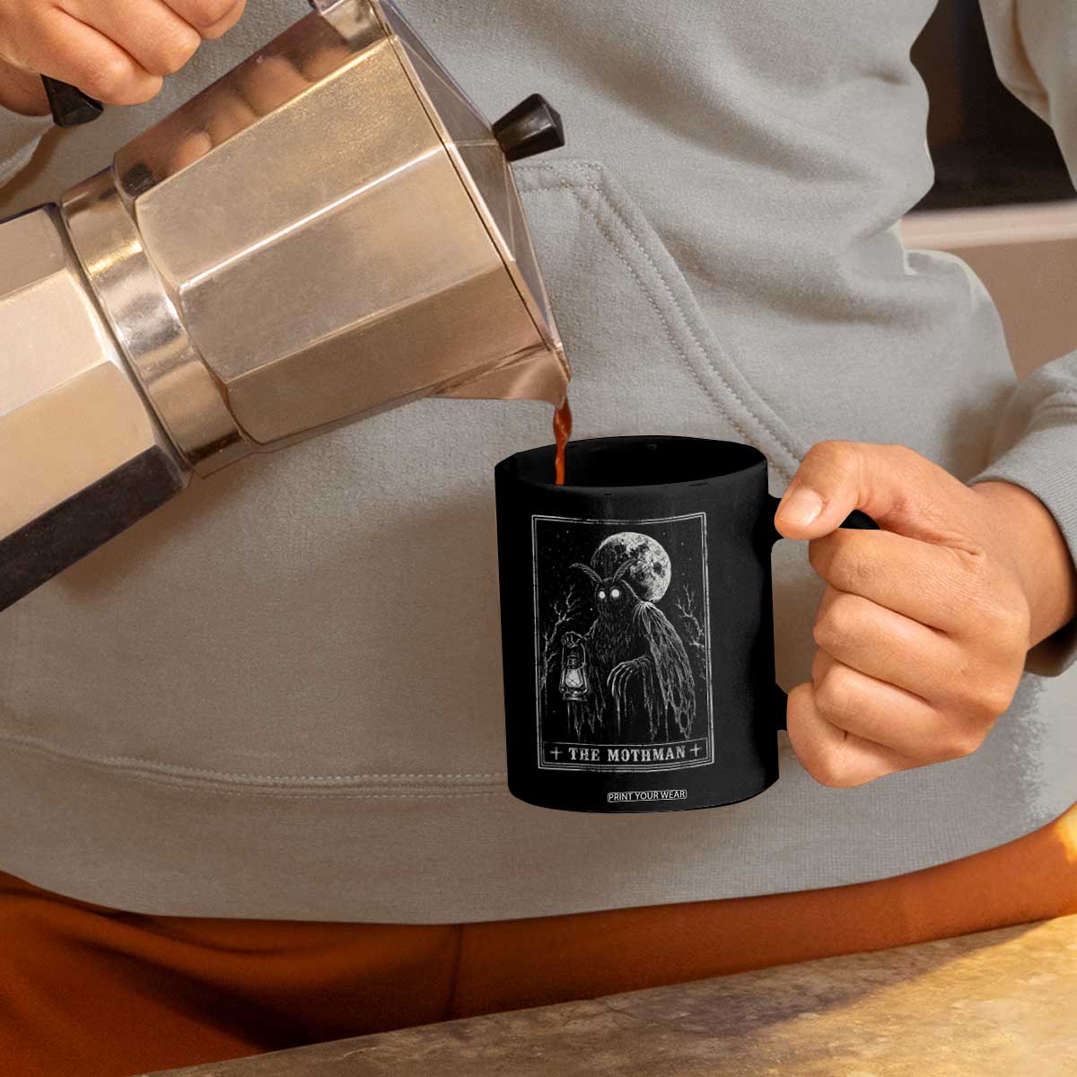 The Mothman Tarot Card Coffee Mug Cryptid Monochromatic Occult Graphic