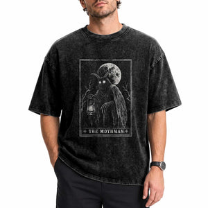 The Mothman Tarot Card Washed Cotton T-Shirt Cryptid Monochromatic Occult Graphic