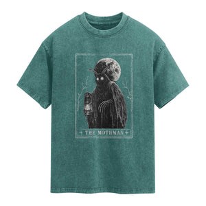 The Mothman Tarot Card Washed Cotton T-Shirt Cryptid Monochromatic Occult Graphic