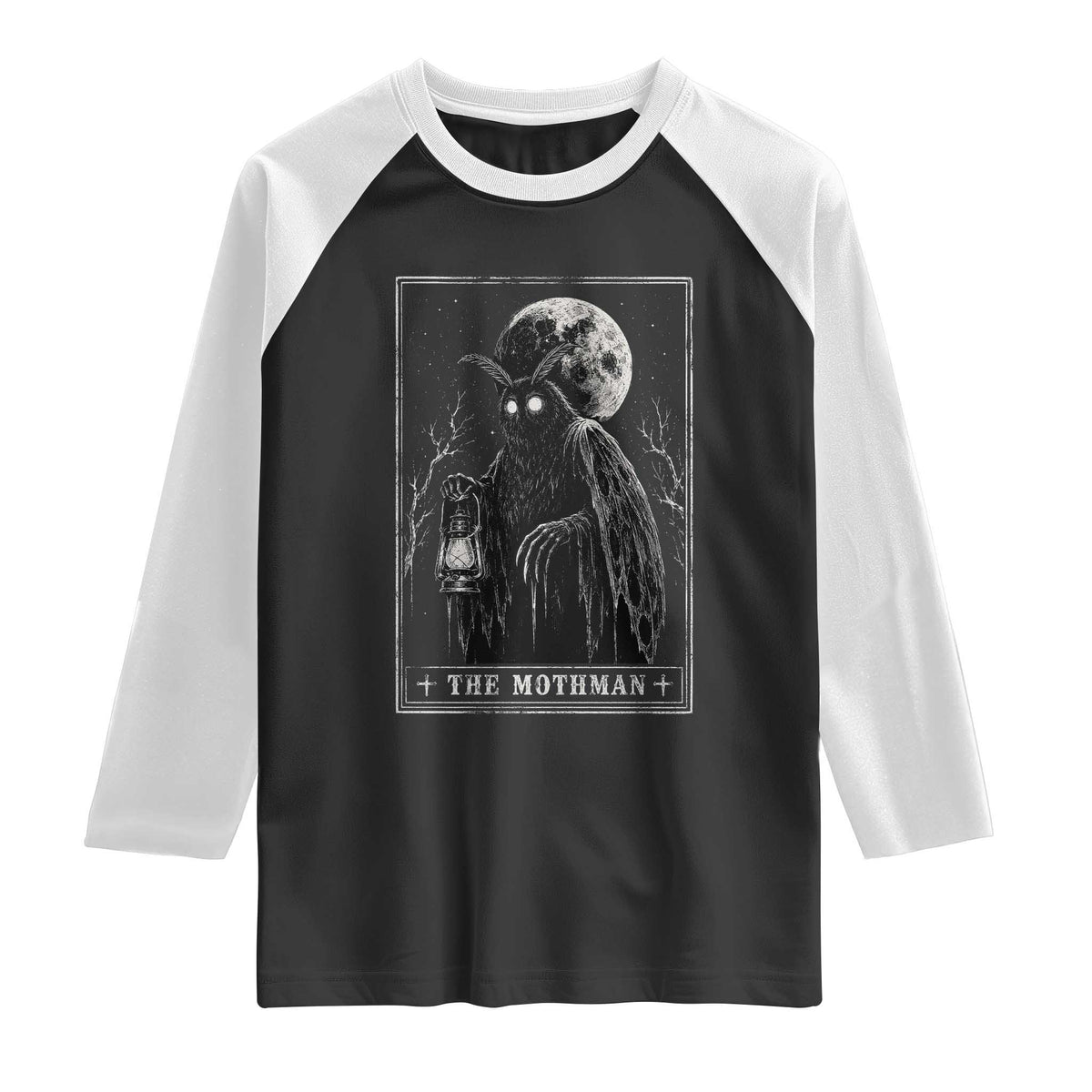 The Mothman Tarot Card Raglan Shirt Cryptid Monochromatic Occult Graphic
