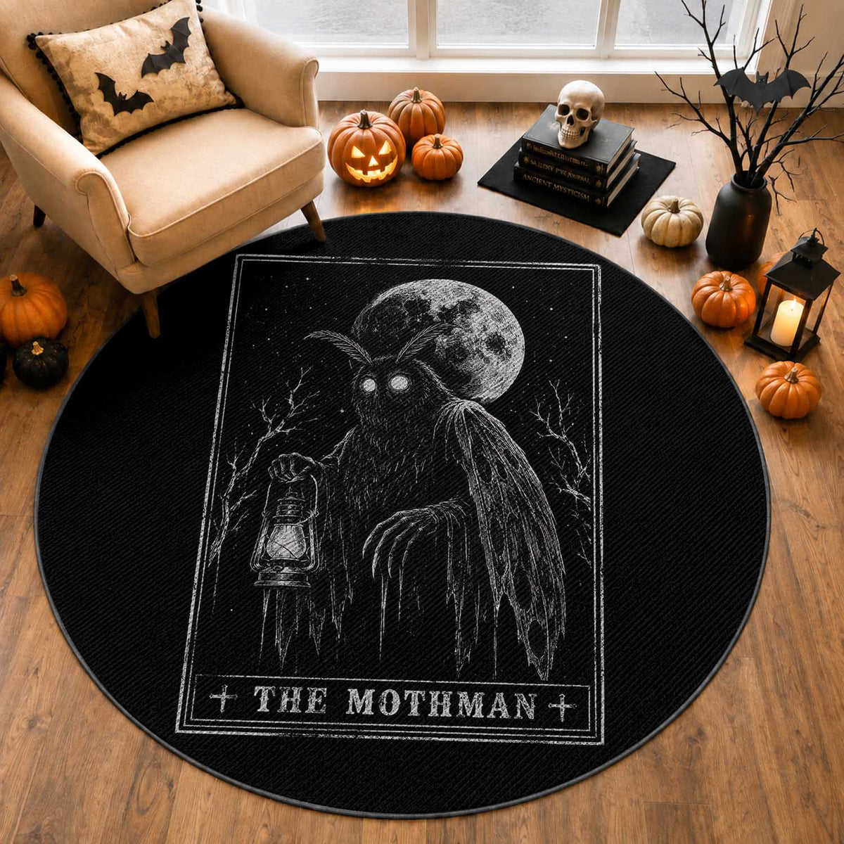 The Mothman Tarot Card Round Rug Cryptid Monochromatic Occult Graphic