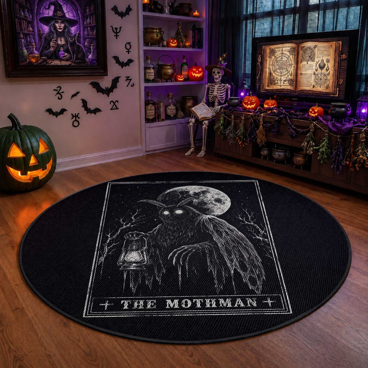 The Mothman Tarot Card Round Rug Cryptid Monochromatic Occult Graphic