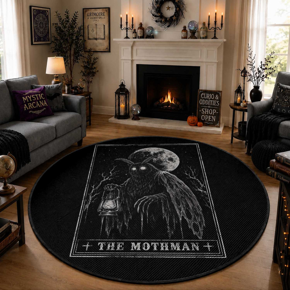 The Mothman Tarot Card Round Rug Cryptid Monochromatic Occult Graphic