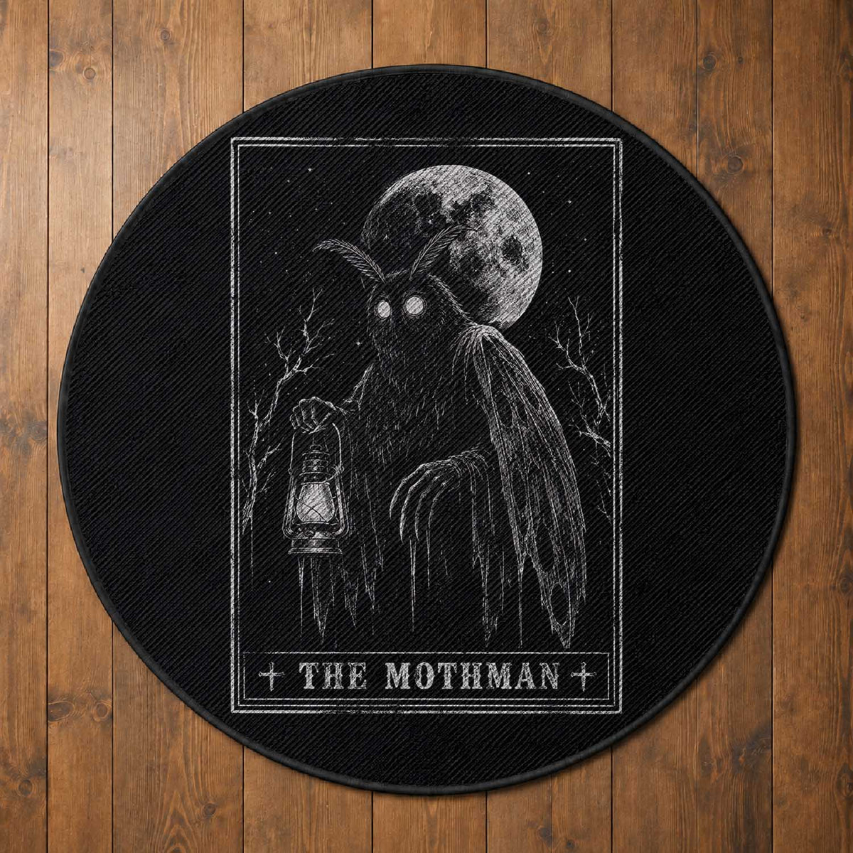 The Mothman Tarot Card Round Rug Cryptid Monochromatic Occult Graphic