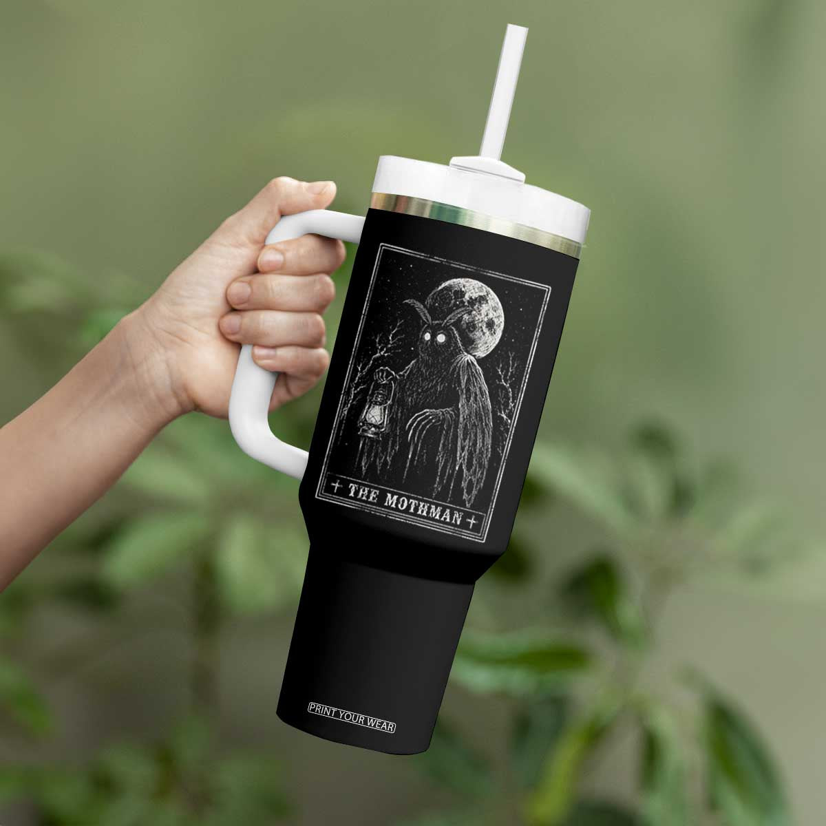 The Mothman Tarot Card Tumbler With Handle Cryptid Monochromatic Occult Graphic