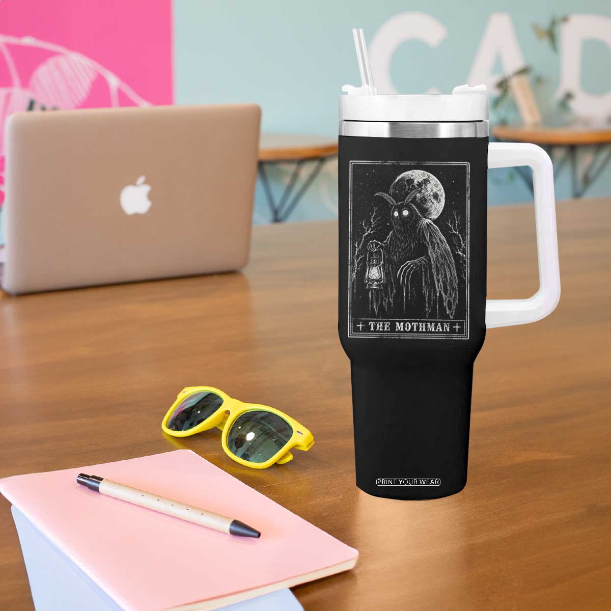 The Mothman Tarot Card Tumbler With Handle Cryptid Monochromatic Occult Graphic