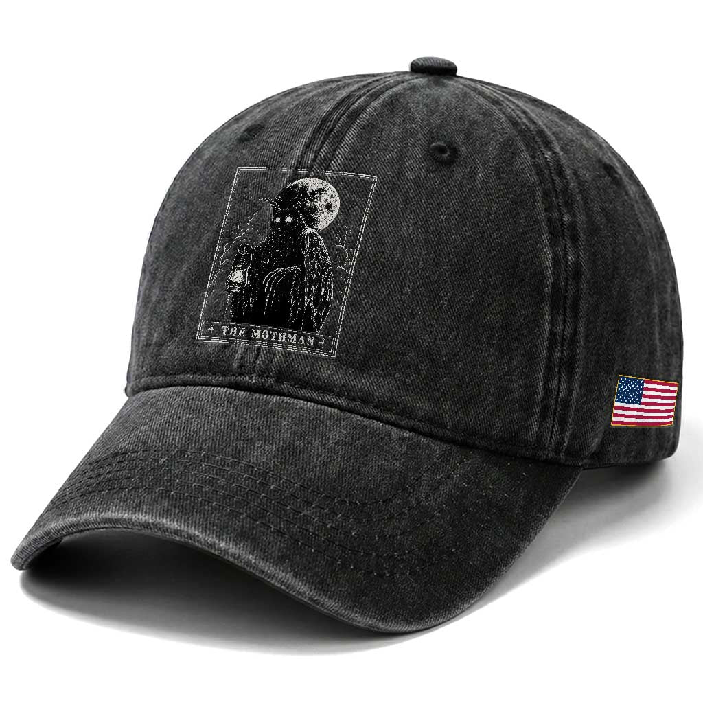 The Mothman Tarot Card Washed Cotton Baseball Cap Cryptid Monochromatic Occult Graphic