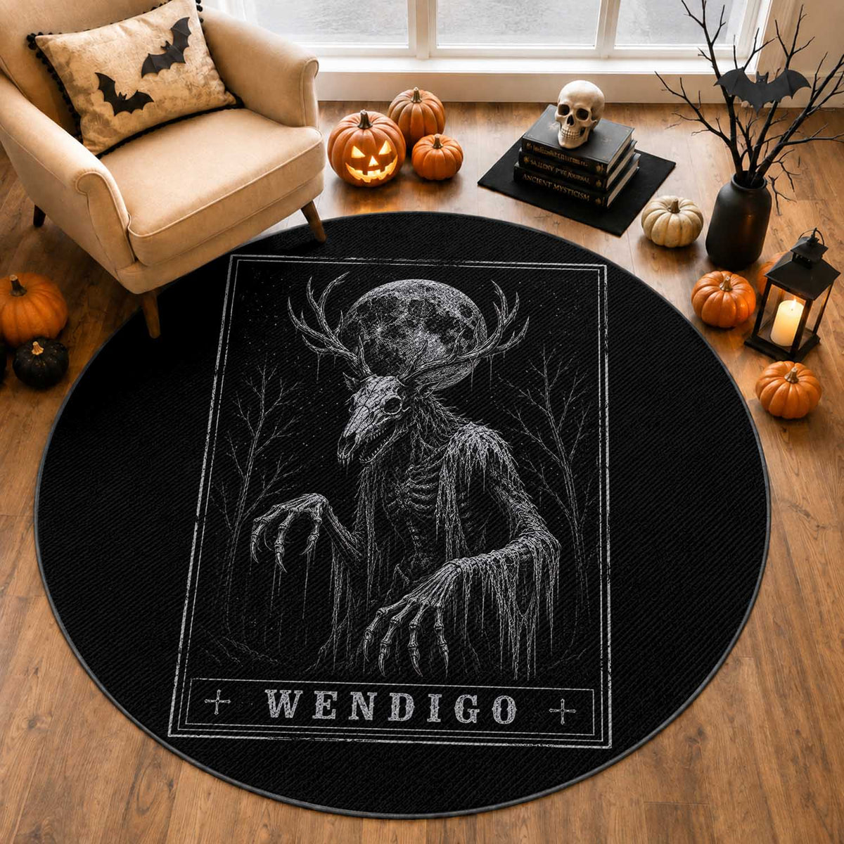 Wendigo Tarot Card Cryptid Monochromatic Occult Graphic Round Rug