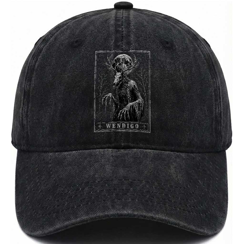 Wendigo Tarot Card Cryptid Monochromatic Occult Graphic Washed Cotton Baseball Cap