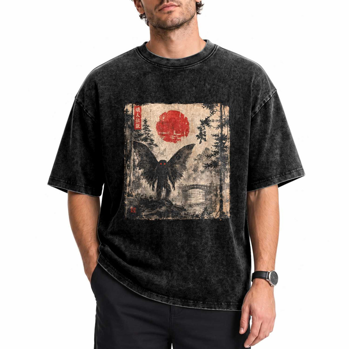 Mothman Japanese Washed Cotton T-Shirt Vintage Cryptid Graphic Ukiyo-e Art Funny