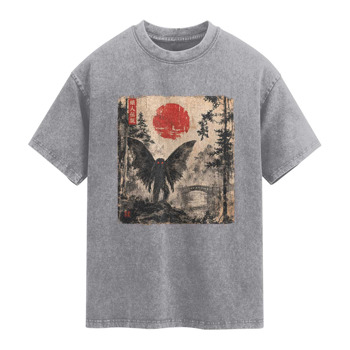 Mothman Japanese Washed Cotton T-Shirt Vintage Cryptid Graphic Ukiyo-e Art Funny