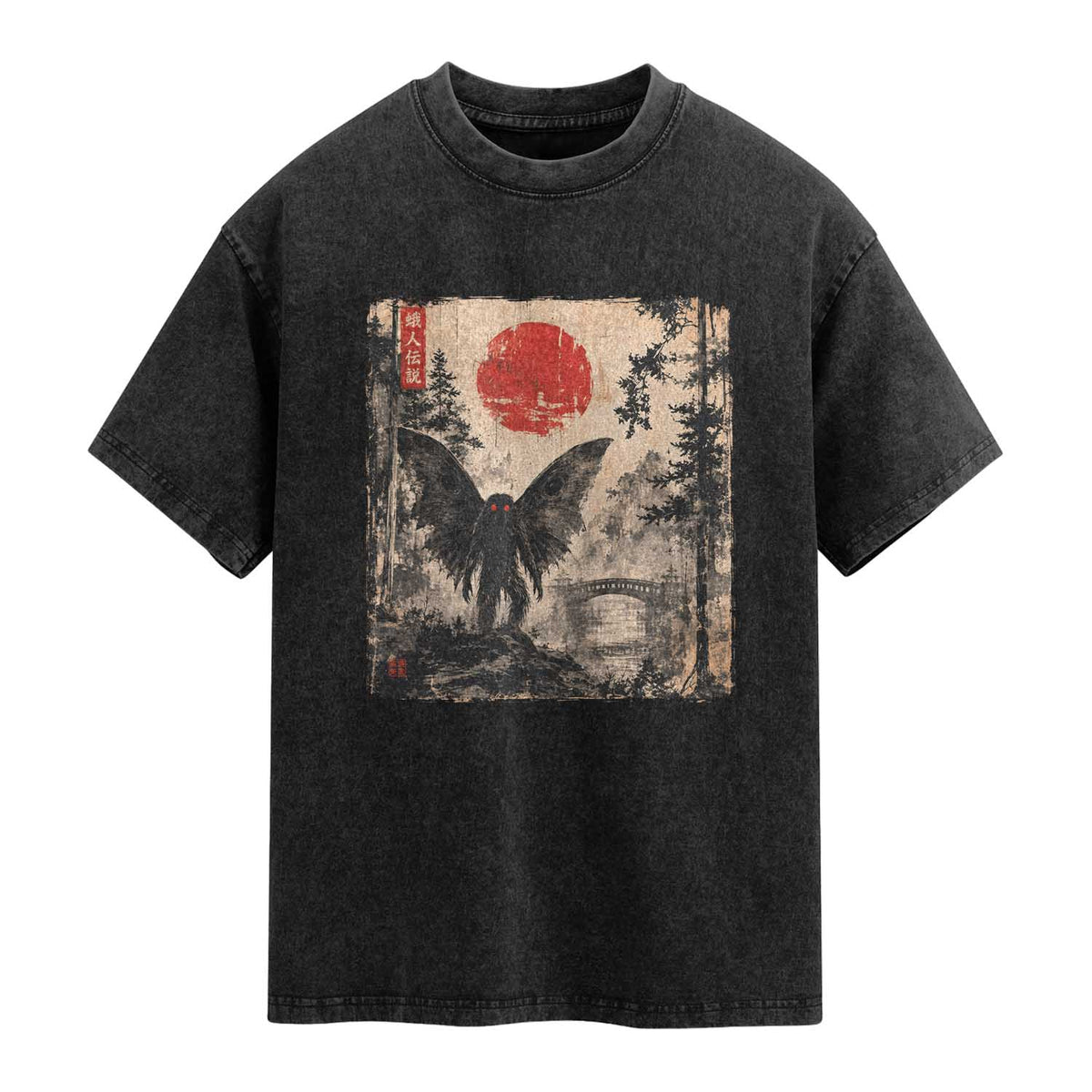 Mothman Japanese Washed Cotton T-Shirt Vintage Cryptid Graphic Ukiyo-e Art Funny