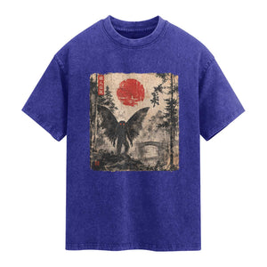 Mothman Japanese Washed Cotton T-Shirt Vintage Cryptid Graphic Ukiyo-e Art Funny