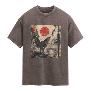 Mothman Japanese Washed Cotton T-Shirt Vintage Cryptid Graphic Ukiyo-e Art Funny