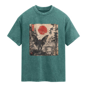 Mothman Japanese Washed Cotton T-Shirt Vintage Cryptid Graphic Ukiyo-e Art Funny