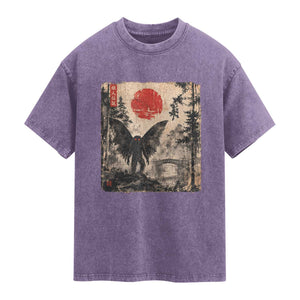 Mothman Japanese Washed Cotton T-Shirt Vintage Cryptid Graphic Ukiyo-e Art Funny
