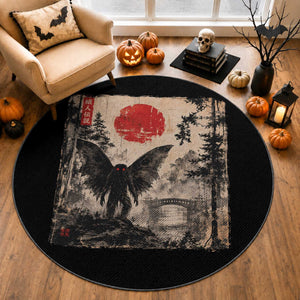 Mothman Japanese Round Rug Vintage Cryptid Graphic Ukiyo-e Art Funny