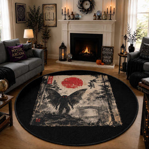 Mothman Japanese Round Rug Vintage Cryptid Graphic Ukiyo-e Art Funny
