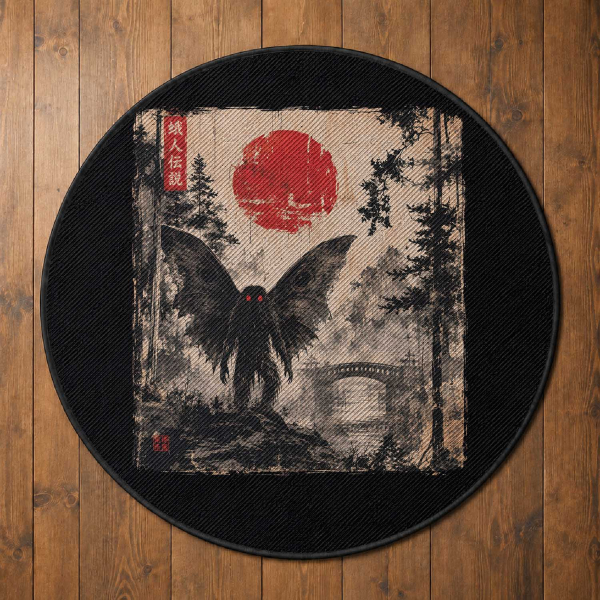 Mothman Japanese Round Rug Vintage Cryptid Graphic Ukiyo-e Art Funny