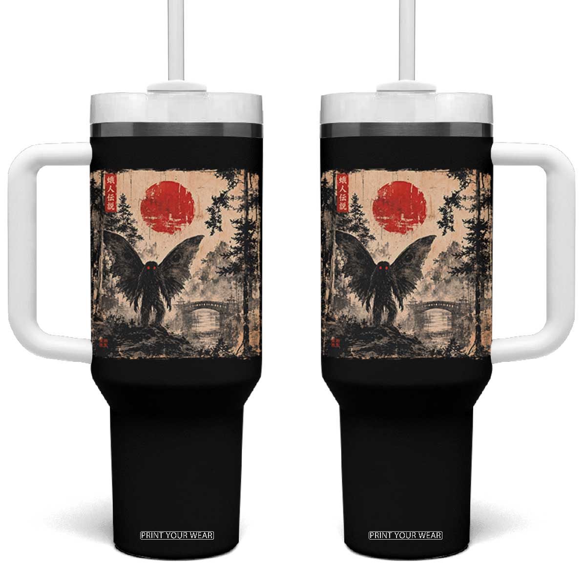 Mothman Japanese Tumbler With Handle Vintage Cryptid Graphic Ukiyo-e Art Funny