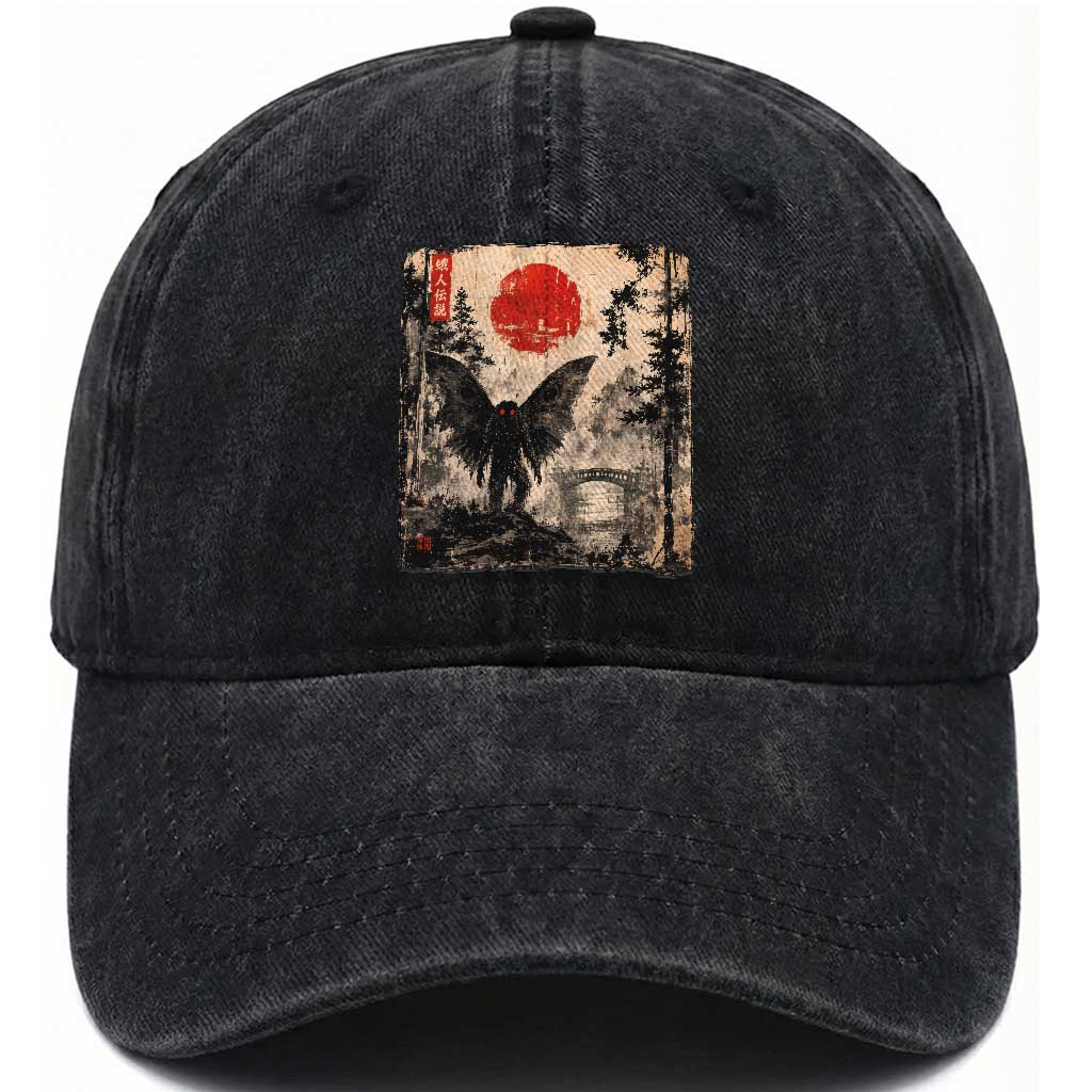 Mothman Japanese Washed Cotton Baseball Cap Vintage Cryptid Graphic Ukiyo-e Art Funny