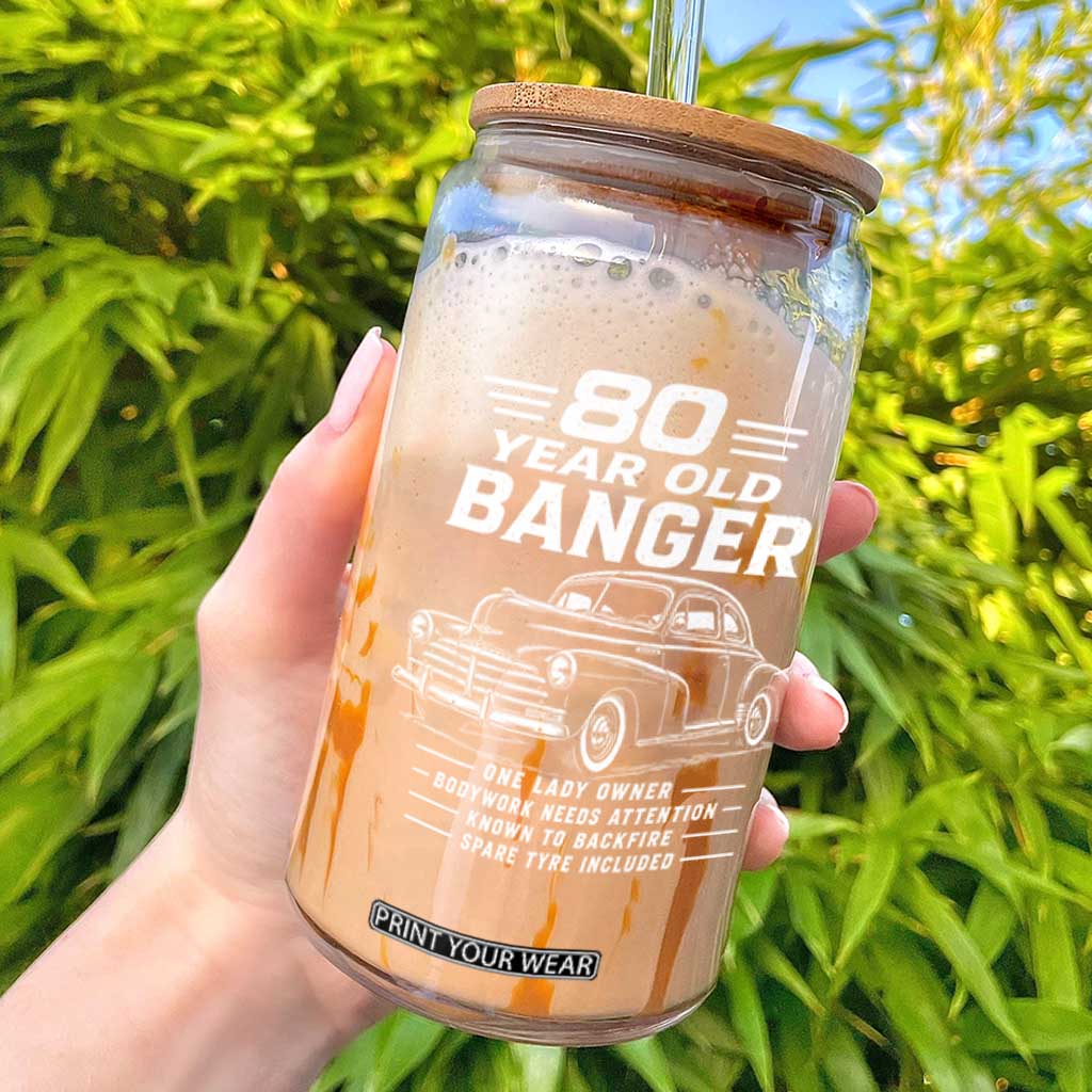 Vintage Car 80th Birthday Graphic Glass Can Funny 80 Year Old Gift Banger Car Guy