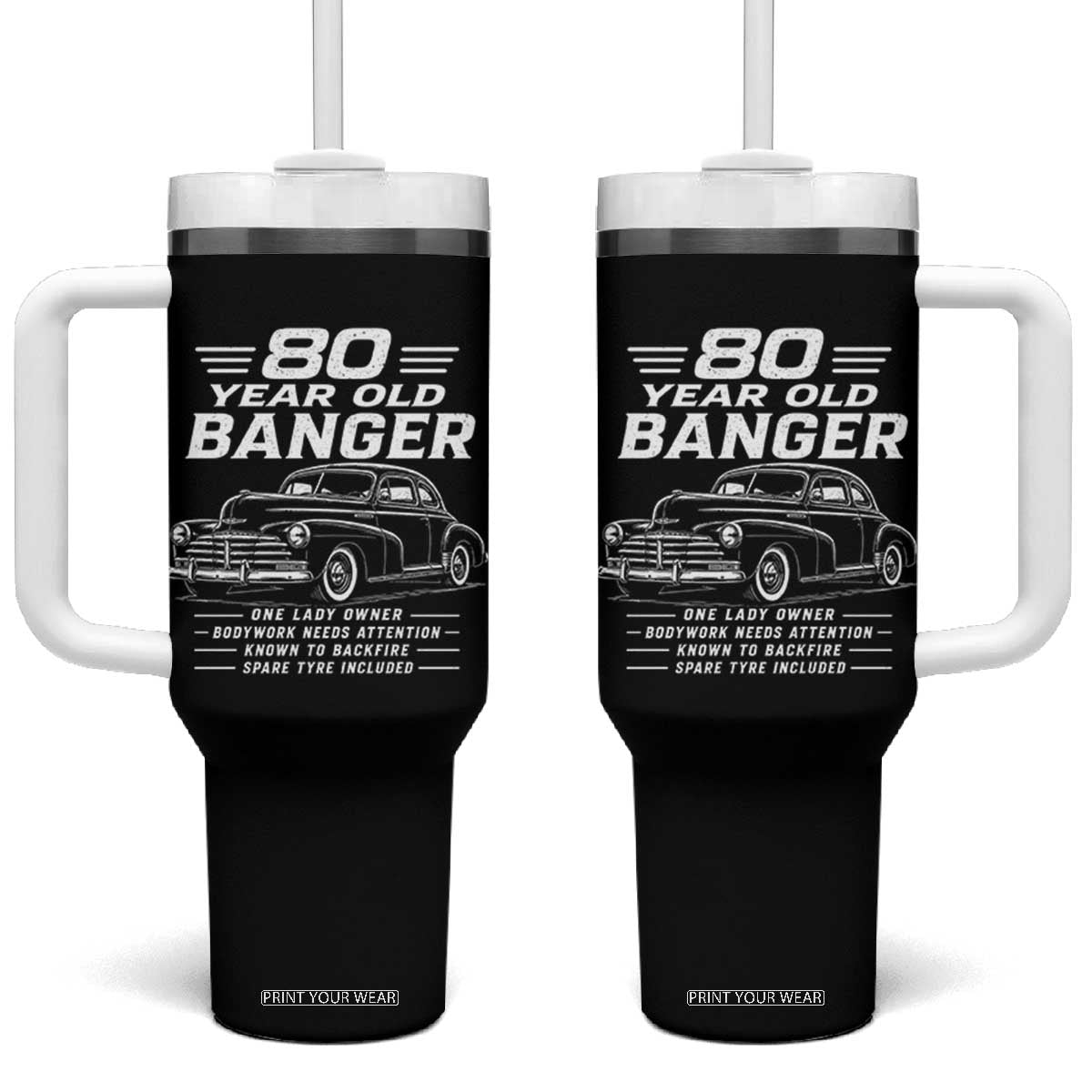 Vintage Car 80th Birthday Graphic Tumbler With Handle Funny 80 Year Old Gift Banger Car Guy