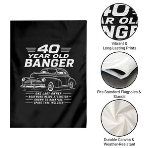 Vintage Car 40th Birthday Graphic Garden Flag Funny 40 Year Old Gift Banger Car Guy