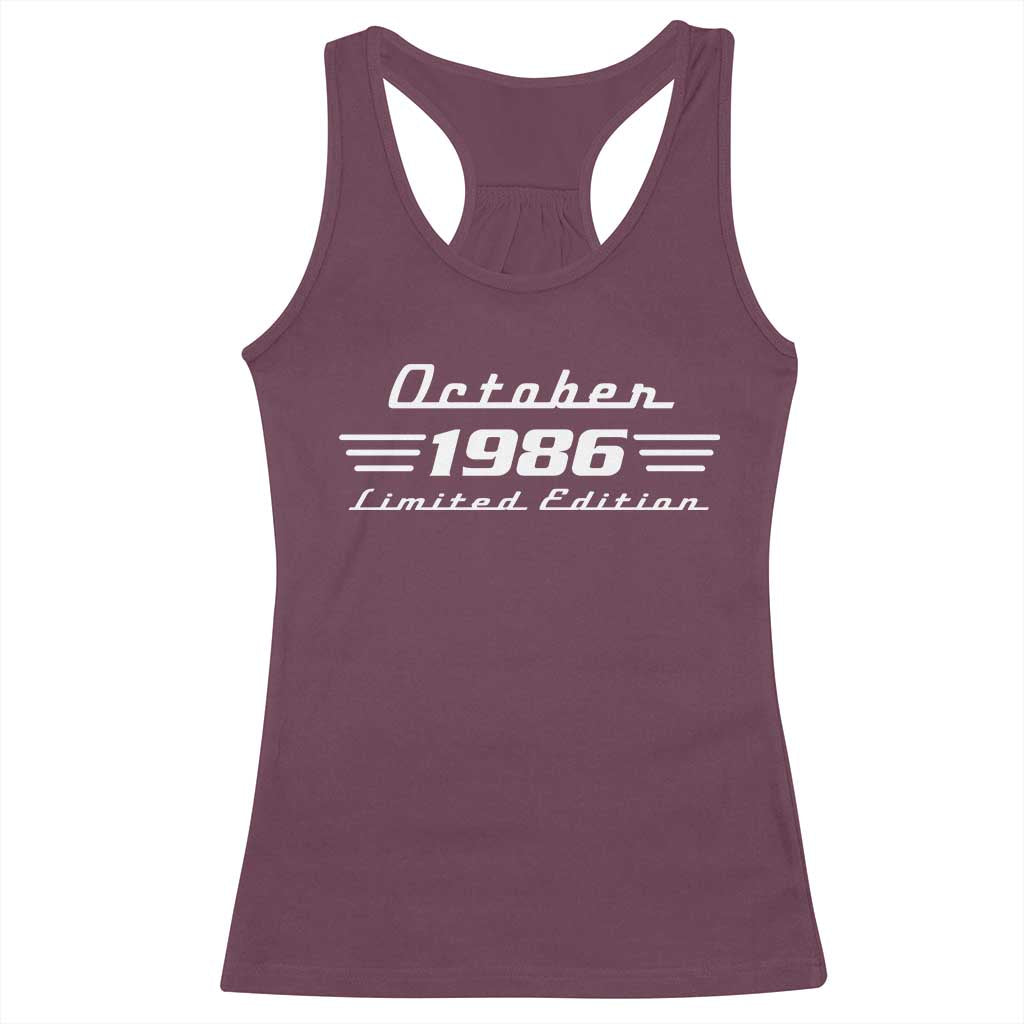 1986 October 40th Birthday Racerback Tank Top Vintage Limited Edition 40 Year Old Gift