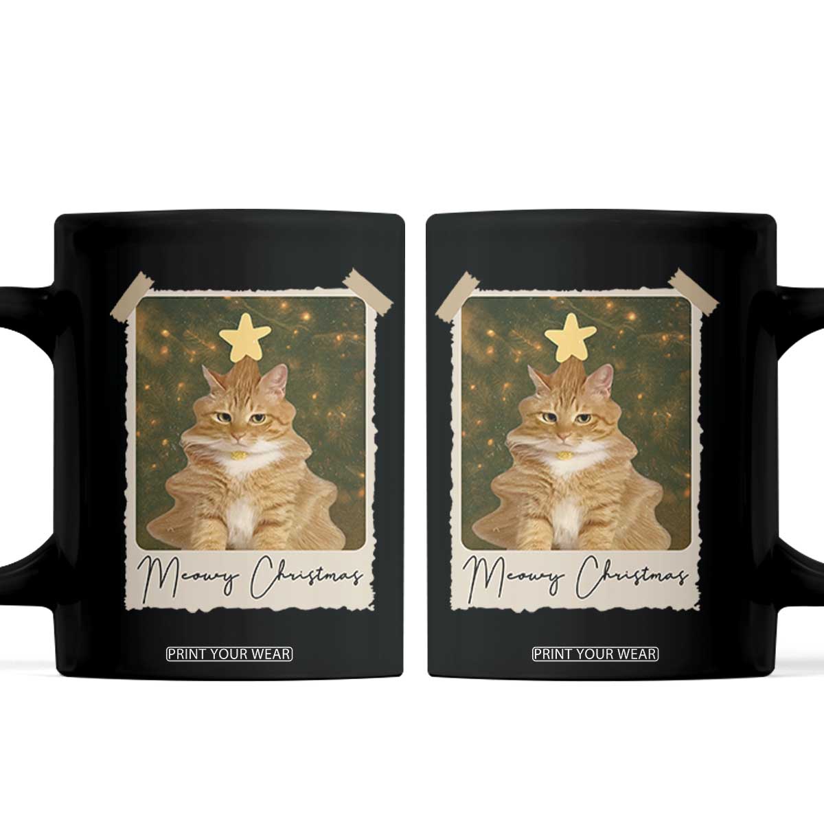 Meowy Christmas Coffee Mug Funny Cat Xmas Tree Retro Vintage Photo TS10 Black Print Your Wear
