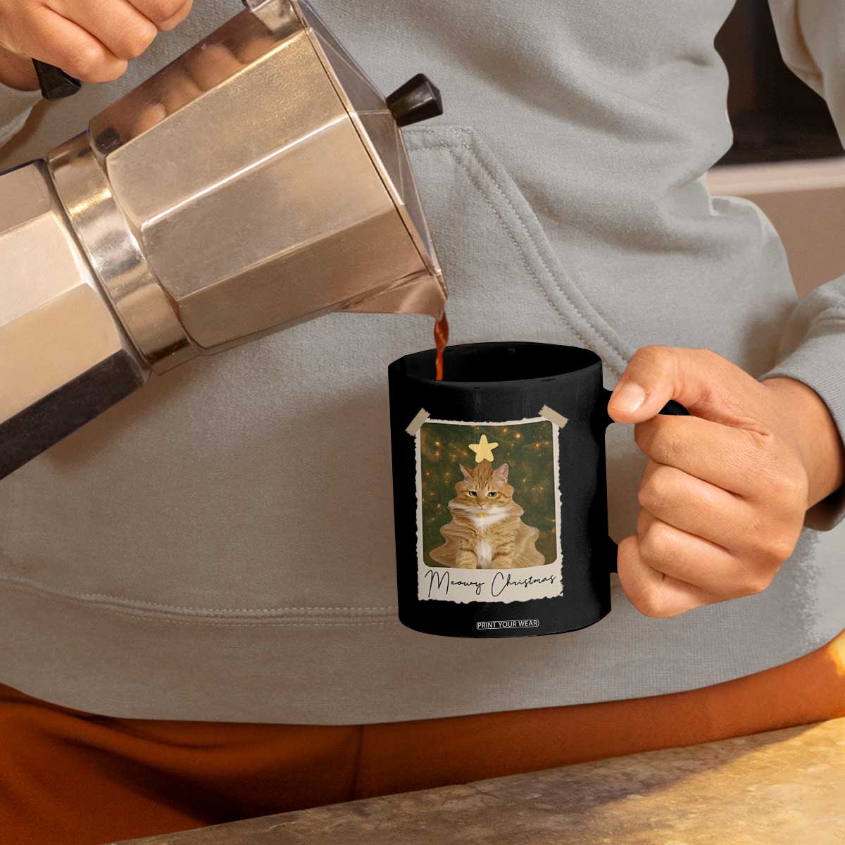 Meowy Christmas Coffee Mug Funny Cat Xmas Tree Retro Vintage Photo TS10 Print Your Wear