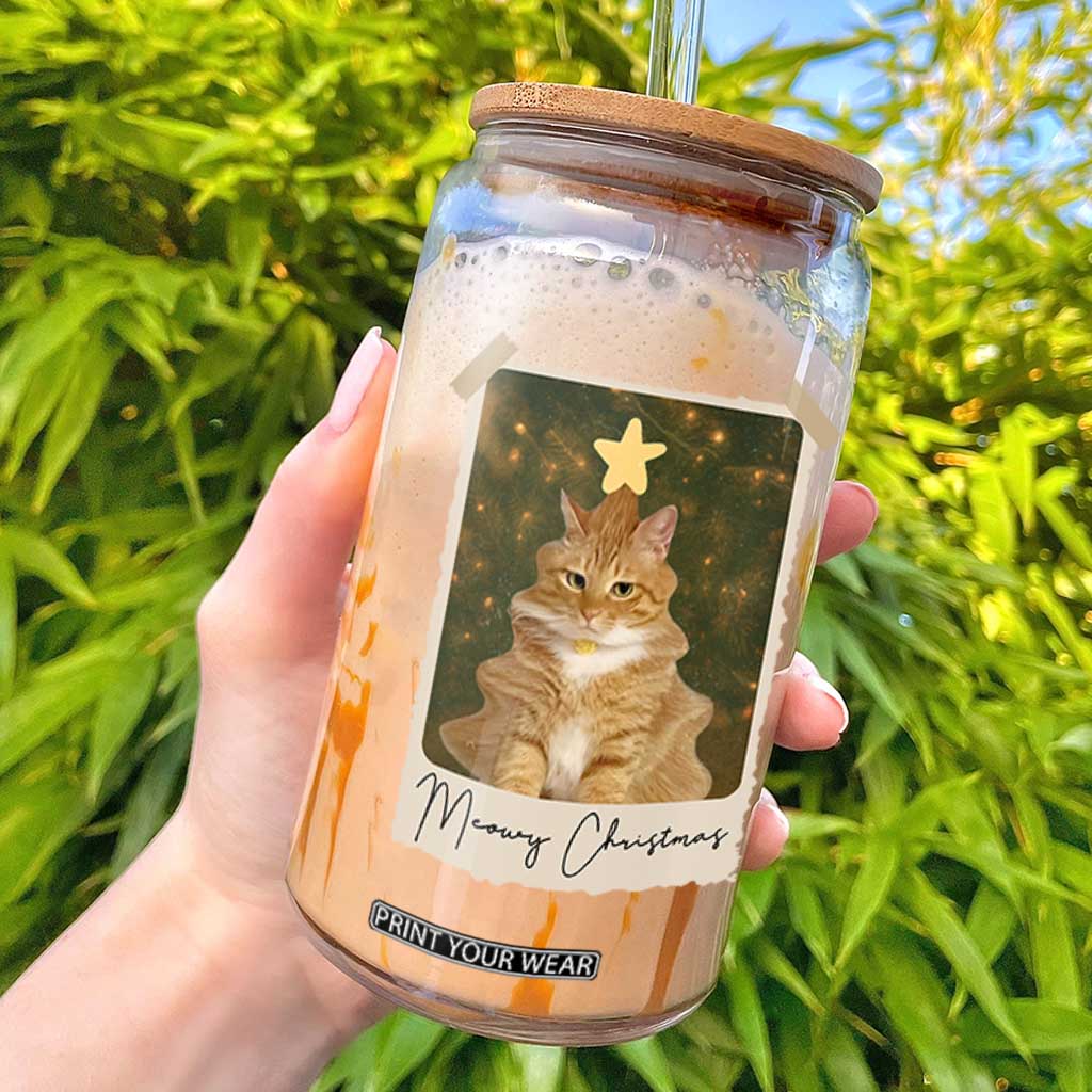 Meowy Christmas Glass Can Funny Cat Xmas Tree Retro Vintage Photo TS10 Black Print Your Wear
