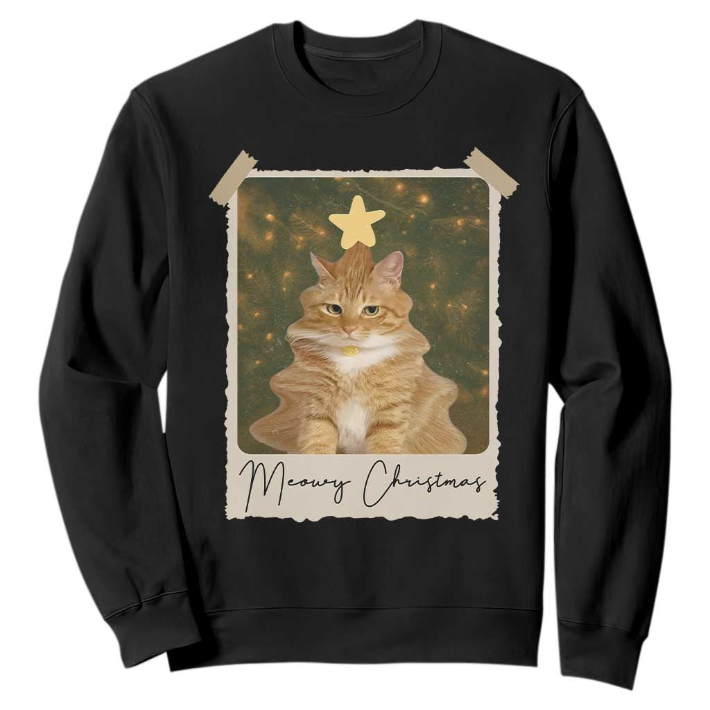 Meowy Christmas Sweatshirt Funny Cat Xmas Tree Retro Vintage Photo TS10 Black Print Your Wear