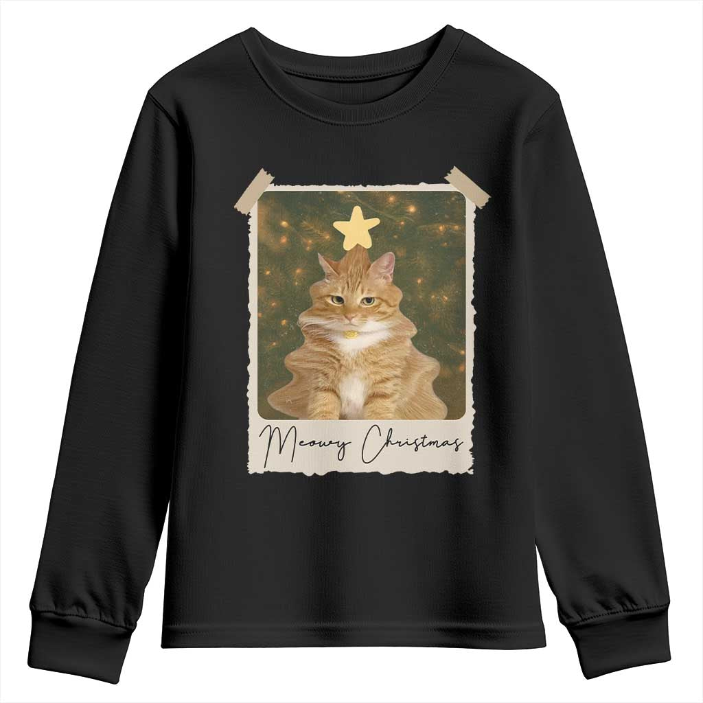 Meowy Christmas Youth Sweatshirt Funny Cat Xmas Tree Retro Vintage Photo TS10 Black Print Your Wear